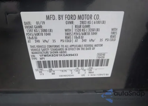 2019 Ford Explorer Xlt из США, поврежденный, VIN 1FM5K8D81KGA99433